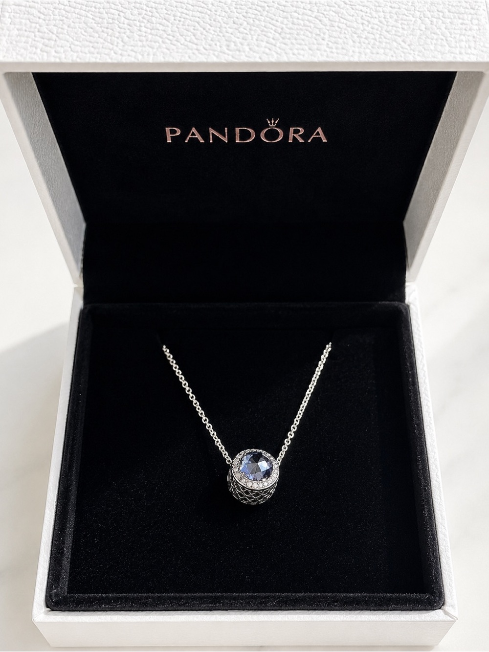 Pandora Sterling Silver Blue Crystal Halo Pendant Necklace